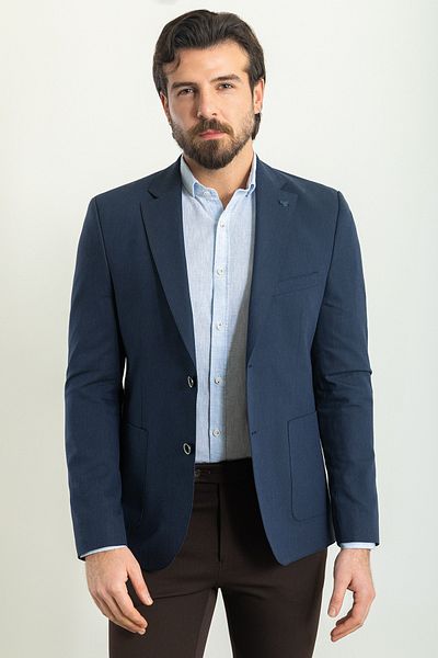 Mcr Patterned Slim Fit Bag Pocket Mono Collar Linen Men's Jacket Navy Blue - 40289.23Y