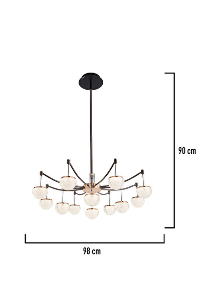 Apliqa Derem 12'li Siyah Gold 160 Watt Yuvarlak Kristal Taşlı Salon Led Sarkıt Avize