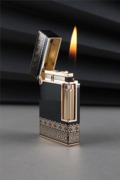 Silvio Monetti Özel Tasarım Kapaklı Yandan Çevirmeli Güçlü Alevli Altın Siyah Gazlı Çakmak Caksm069t