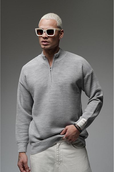 Butik Half Collar Zippered Oversize Jacquard Knitwear Sweater