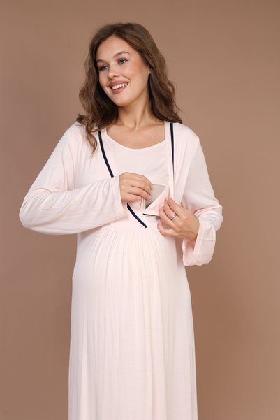 Generic Brand طقم ملابس نوم للحوامل بأكمام طويلة بتصميم خاص للنساء حواف أسطوانية - طقم ملابس نوم للحوامل باللون الوردي