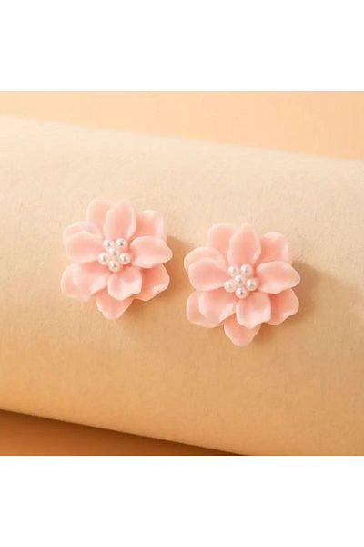 Power Es Tarnish Stainless Pink Color Camellia Flower Model Earrings with Pearls