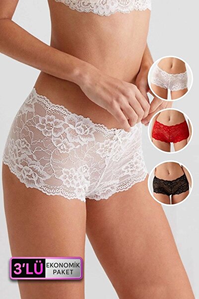 d Kit Boutique Siyah - Ekru - Kırmızı Fantezi Dantelli Şort Külot 3'lü Ekonom...