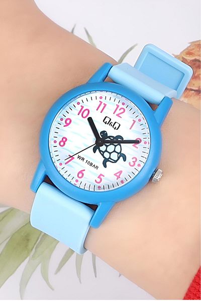 Q&Q Turtle Pattern Blue Color 10 Atm Waterproof Unisex Kids Wristwatch