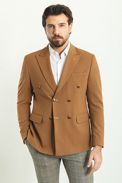 Mcr Striped Slim Fit Wide Collar Double Breasted Men's Jacket Camel - 40286.23Y
