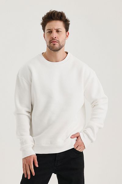 COMBİNE MİCHAİL Ecru Crew Neck Oversize Ribbed Basic Men's Sweatshirt