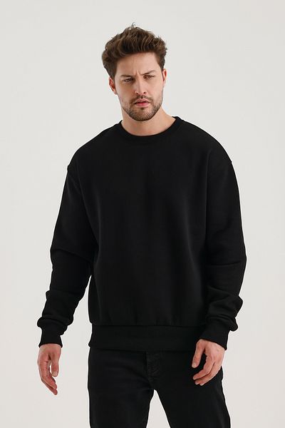 COMBİNE MİCHAİL Black Crew Neck Oversize Ribbed Basic Men's Sweatshirt