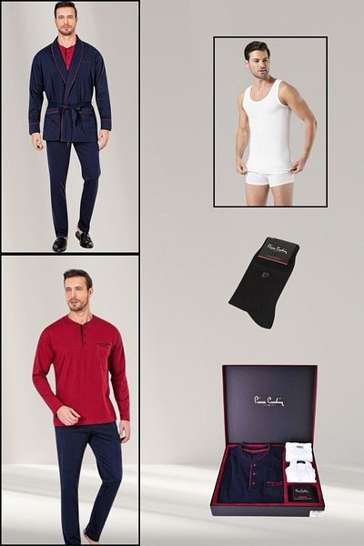 Pierre Cardin Men's Burgundy-Navy-Black Colors 5-Piece Large Groom Dowry Set Pajamas Set