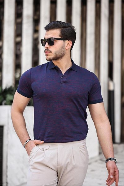 Miron Μπλουζάκι με κοντό μανίκι Navy Blue Claret Red ριγέ ζακάρ πόλο γιακά - 2429