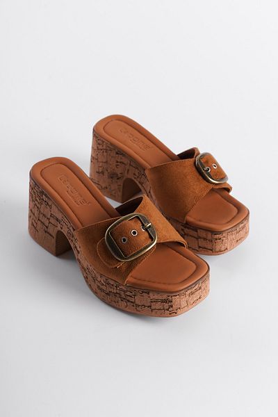 Capone Outfitters Damen-Hausschuhe mit Kork-Plateausohle und einzelner Riemenschnalle