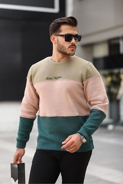 Miron Φούτερ Khaki Kamel Nefti Three Color Block Piece Crew Neck με τρεις κλωστές κανονική εφαρμογή - 2436