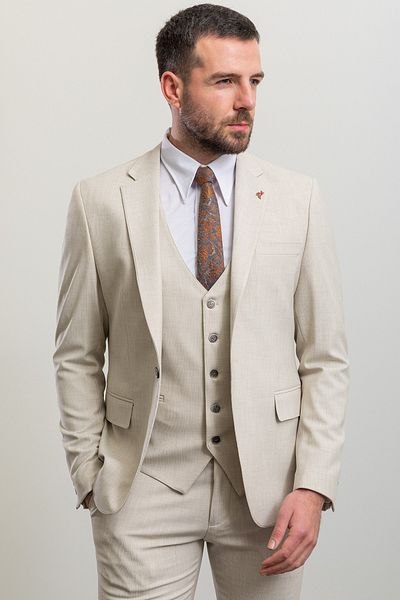 Mcr Striped Slim Fit Mono Collar Men's Suit Beige - 45201.23Y