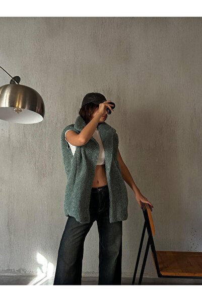 minaaise Women's Mint Green Hidden Snap Detailed Lined Plush Vest 28267