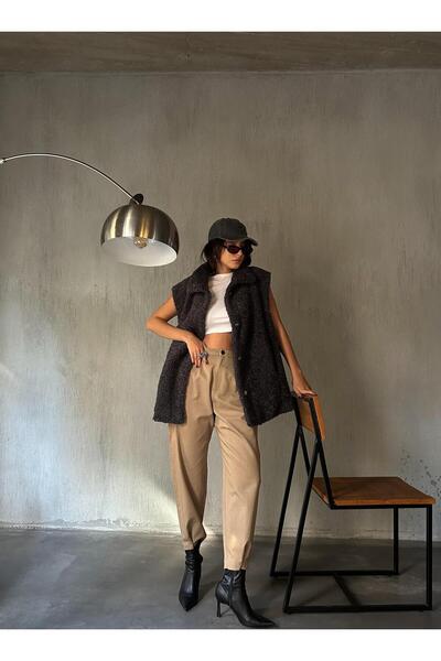 minaaise Women's Anthracite Concealed Snap Detailed Lined Plush Vest 28267