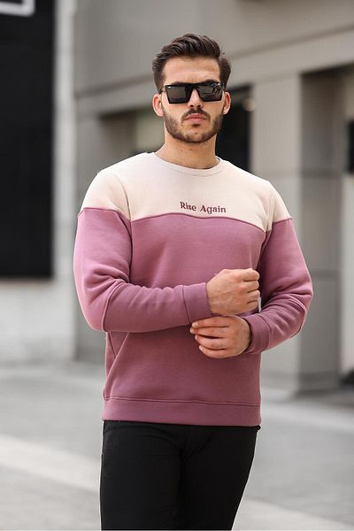 Miron Μπεζ Dusty Rose Plum - Τρία Color Block Pieces, Crew Neck, Φούτερ με κανονική εφαρμογή με τρεις κλωστές - 2436
