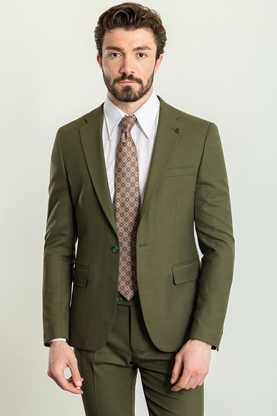 Mcr Straight Slim Fit Mono Collar Linen Men's Suit Khaki - 45227.23Y