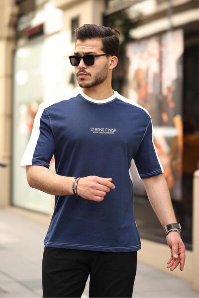 Miron Navy Blue White Strong Finish Printed Oversize Short Sleeve T-Shirt - 2411