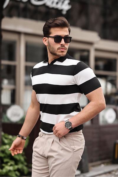 Miron Πόλο Λαιμόκοψη Ασπρόμαυρο Πλεκτό T-Shirt - Block Piece, 2417