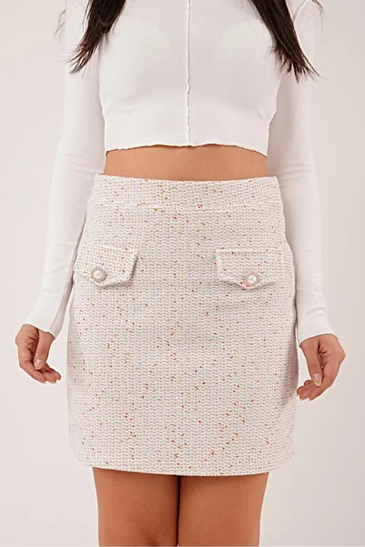studiofashion Women's Cream Pocket Button Detailed Colored Rope Passing Tweed Skirt