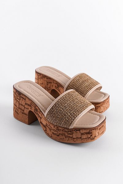 Capone Outfitters Damenhausschuhe aus Kork mit Plateausohle und Strohhalm und einem Riemen