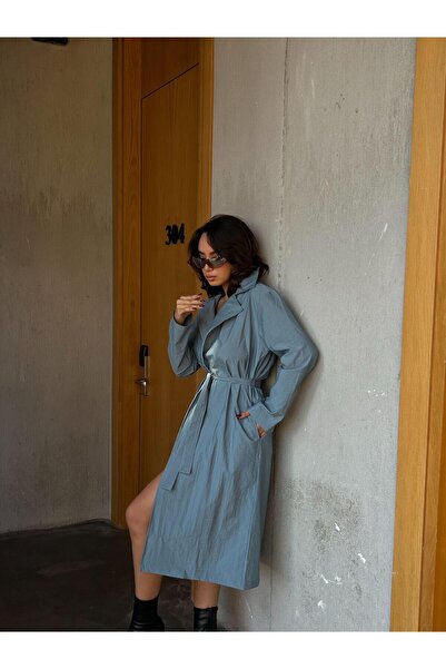 minaaise Kadın İndigo Paraşüt Kumaş Astarsız Uzun Trençkot 28176