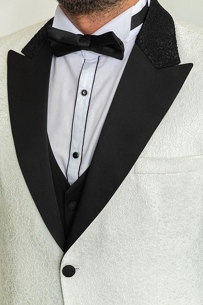 Mcr Patterned Slim Fit Wide Collar Satin Men's Groom Suit Ecru - 45226.23Y