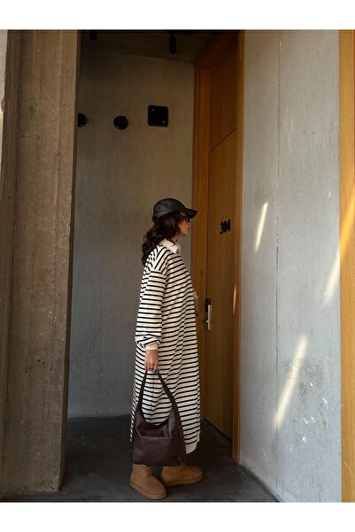 minaaise Γυναικείο μαύρο ριγέ φόρεμα 3 κλωστών χωρίς ανύψωση μακρύ υπερμεγέθη 28288