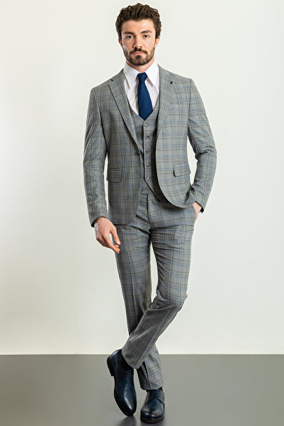 Mcr Ekoseli Slim Fit Mono Yaka Erkek Takım Elbise Gri - 45223.23Y