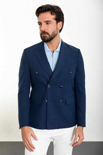 Mcr Straight Slim Fit Mono Collar Double Breasted Linen Men's Jacket Navy Blue - 40301.23Y