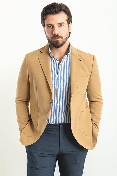 Mcr Plain Beige Slim Fit Bag Pocket Mono Collar Men's Jacket