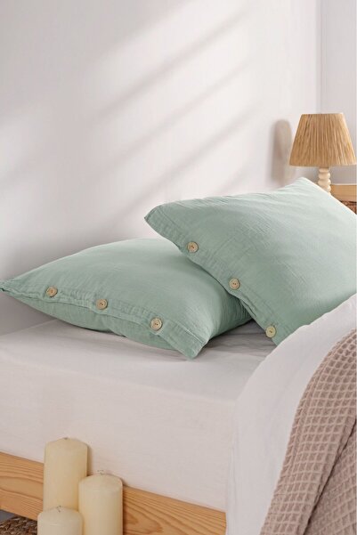 Kibele Düğmeli Müslin Yastık Kılıfı Haki 50x70 2 Adet Özel Işlemle Yıkanmış