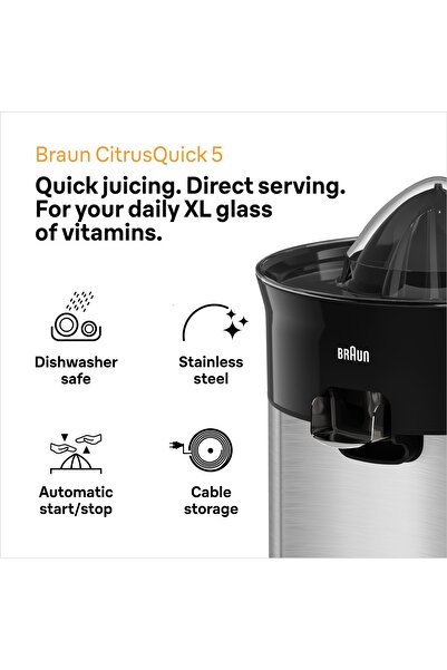 Braun CitrusQuick juicer, 60W motor, Direct serve, Universal presscone, auto start-stop - CJ 5050