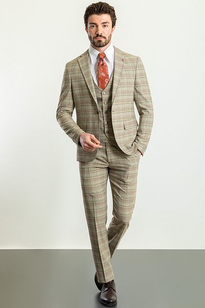 Mcr Plaid Slim Fit Mono Collar Men's Suit Beige - 45223.23Y