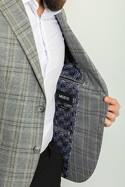 Mcr Καρό Slim Fit Mono Collar Λινό Ανδρικό Μπουφάν Γκρι - 40296.23Y