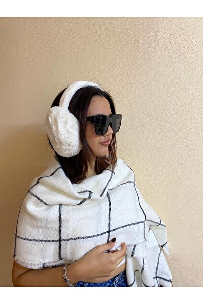 sema aksesuar Women's Winter Ecru Black Striped Scarf Shawl and Furry Plush Earmuff Set - Shoulder Shawl