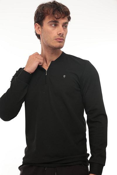 Miron College Collar Half Zipper Sweatshirt - Black, Regular Fit - 2317