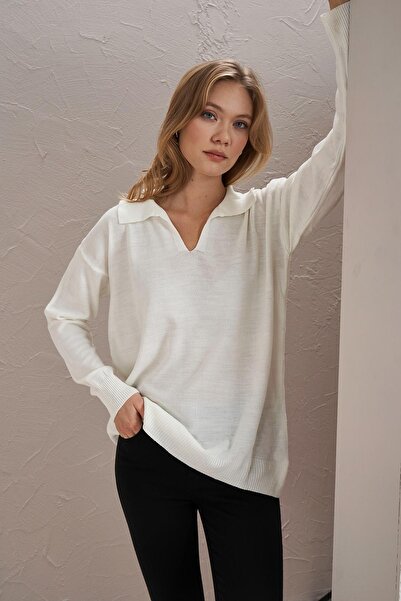 TENA Women's Ecru Shirt Collar Basic Knitwear Sweater