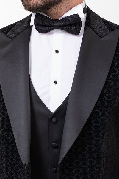 Mcr Patterned Slim Fit Wide Collar Velvet Men's Groom Suit Black - 45233.23Y
