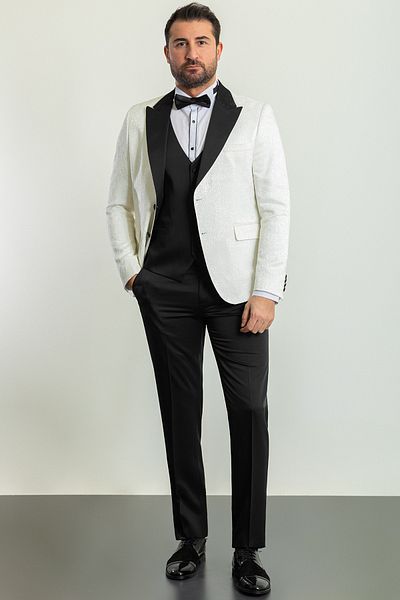 Mcr Patterned Slim Fit Wide Collar Satin Men's Groom Suit Ecru - 45226.23Y