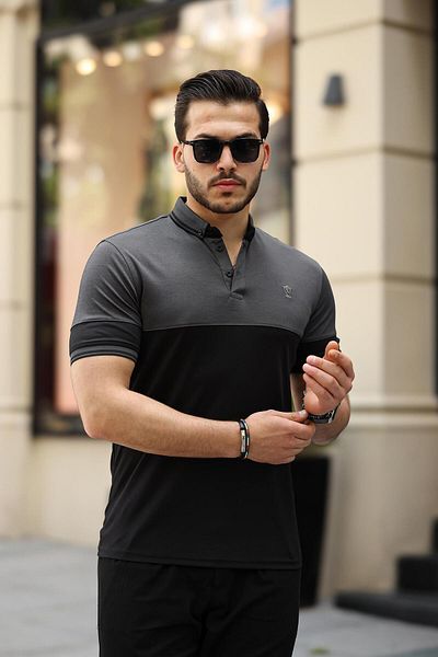 Miron Καπνιστό μαύρο Kagi Ston Piece Polo γιακά κοντομάνικο T-shirt - 2402
