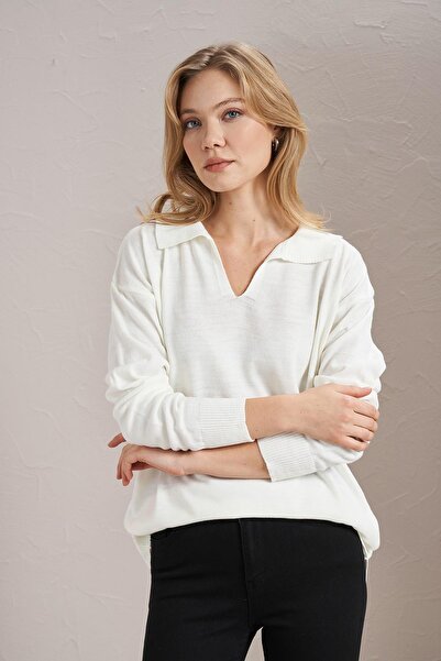 TENA Women's Ecru Shirt Collar Basic Knitwear Sweater