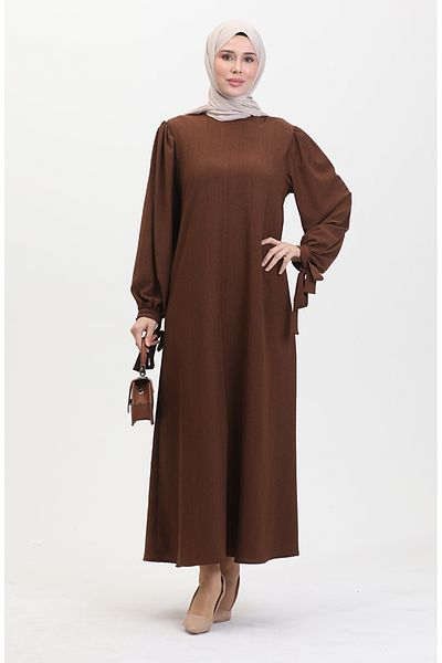 sefamerve 1053-03 Model Brown Sleeve Gathered Dress