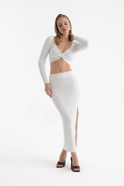 Hiccup 2 Pieces: V-Neck Long Sleeve Crop Top & High Waist Slit Maxi Skirt