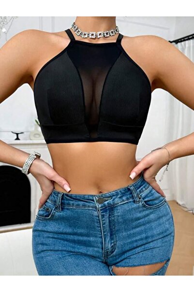 Maly Love Sutien de damă negru, cu detalii din twill și tul, cu bretele regla...