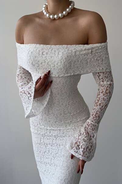 bayansepeti Bílé lemované krajkové šaty Maxi šaty bez ramínek s dlouhým rukávem 282