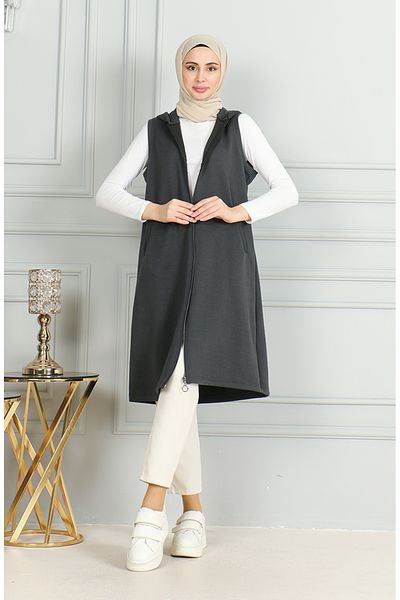 sefamerve Smoke Colored Zippered Long Quilted Vest 5102-01