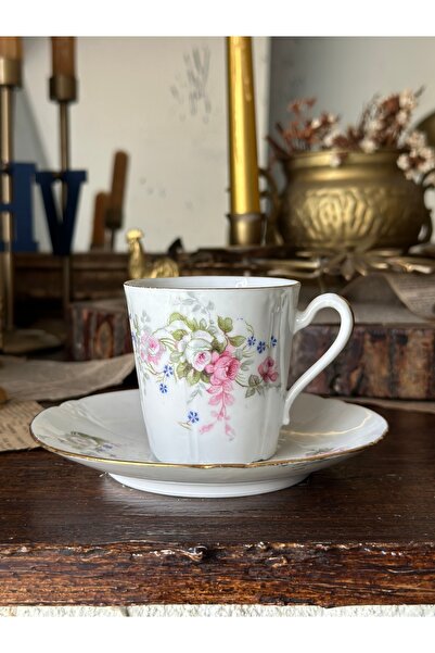 Fransız Limoges Damgalı Antika Soft Çiçekli Türk Kahve Double Kahve Fincan Seti