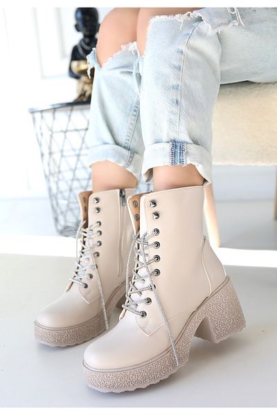 Aemido Morliy Beige Leather Laced Boots