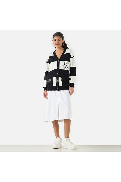 SP Characters Print Longline Cardigan with Long Sleeves and Pockets