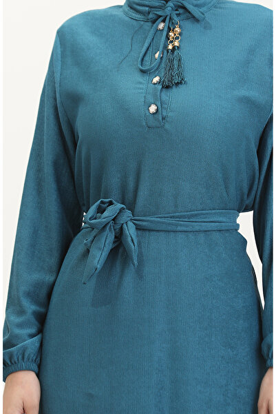 sefamerve Hakim Yaka Düğmeli Elbise 5025-03 Petrol